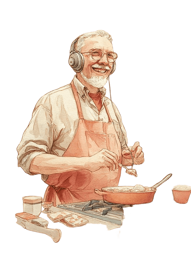 Man cooking while listening to audio